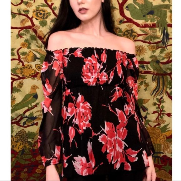 INC Black & Pink Floral Off The Shoulder Blouse - Picture 1 of 7